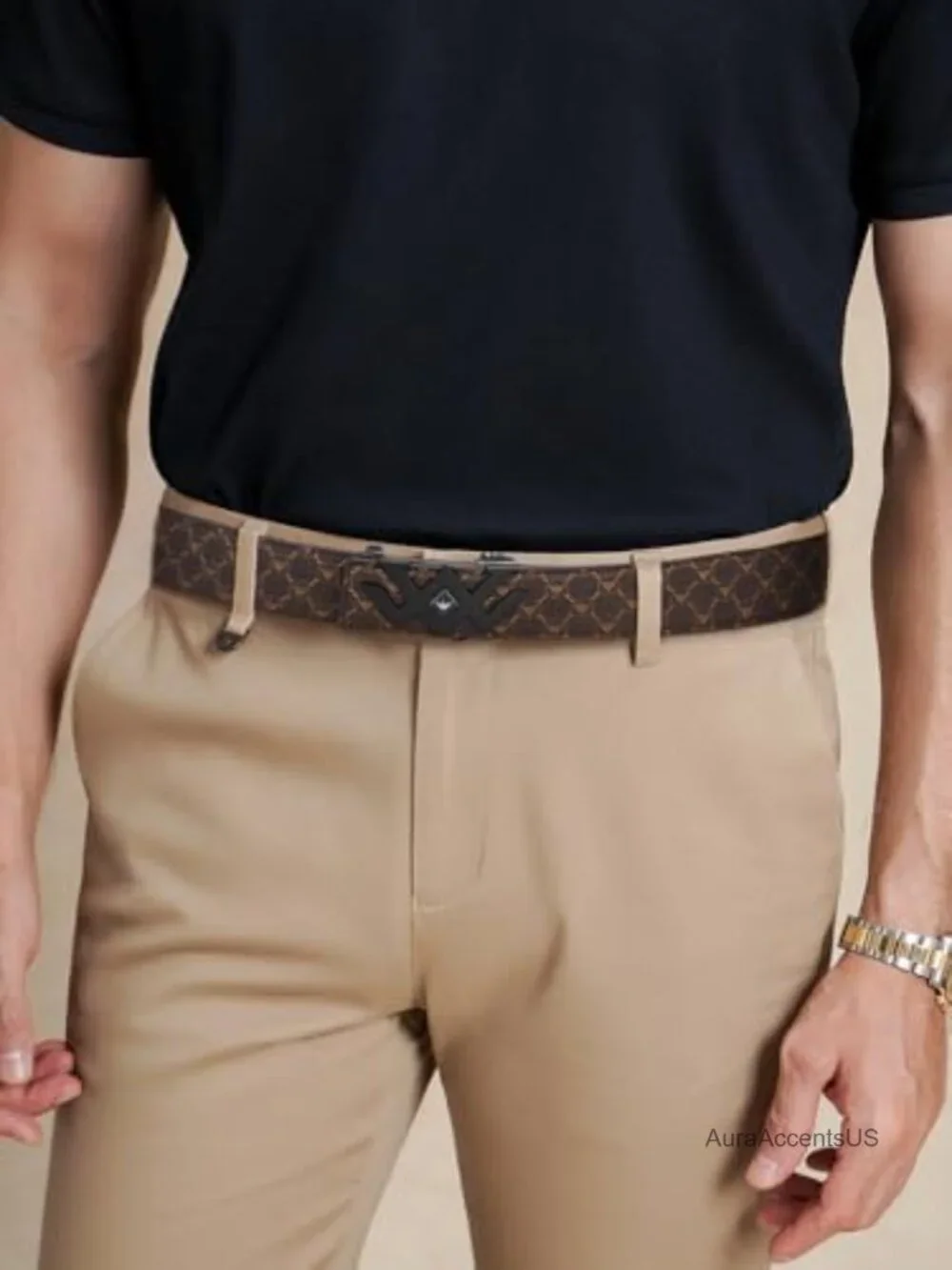 Men's Ratchet Leather Belt with Automatic Buckle - Adjustable, Cut to Fit,